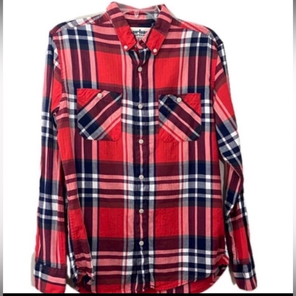 Urban Pipeline Long Sleeve Flannel Shirt Mens Small Red Blue Plaid Button Down